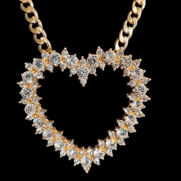 Gold Tone Heart Necklace Crystal Statement Chain Bling Iced Out Y2K Jewelry - Picture 4 of 8